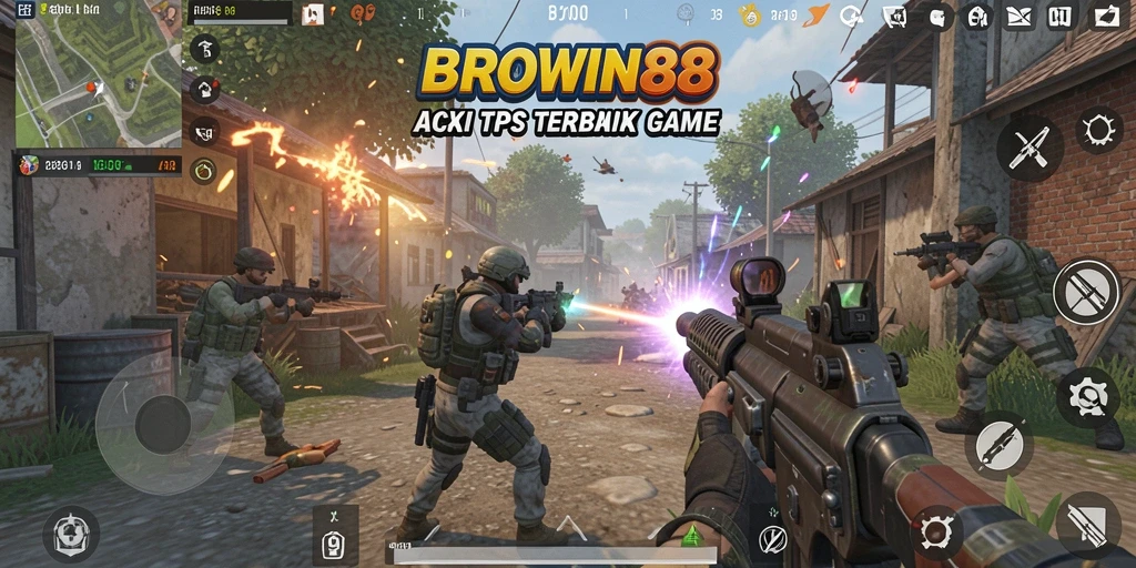 Screenshot gameplay BROWIN88 menunjukkan aksi mendebarkan dalam pertempuran TPS.