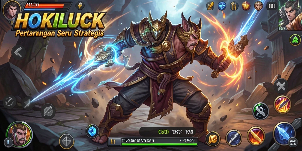 Screenshot utama HOKILUCK menampilkan pertarungan karakter yang mendebarkan.