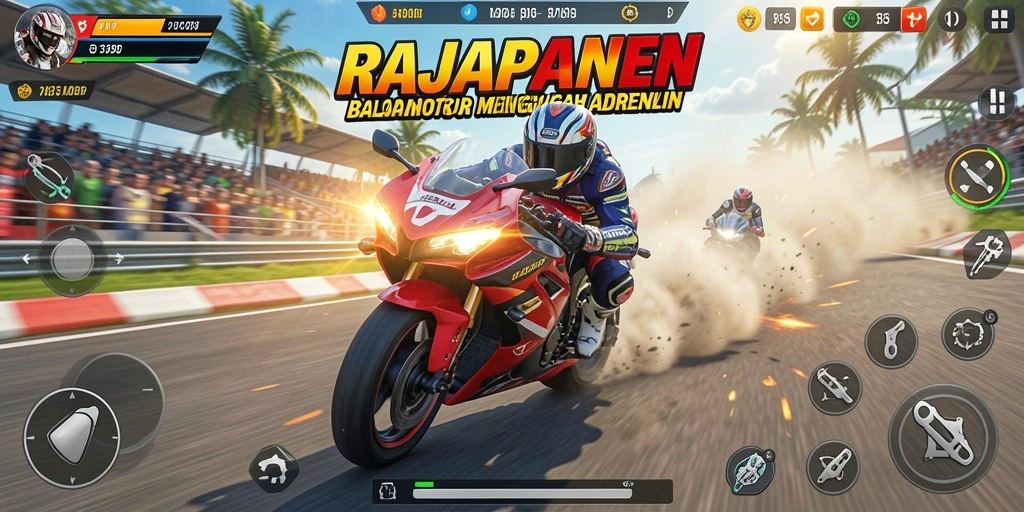 Tampilan gameplay <strong>RAJAPANEN</strong> dengan motor balapan di trek menantang.