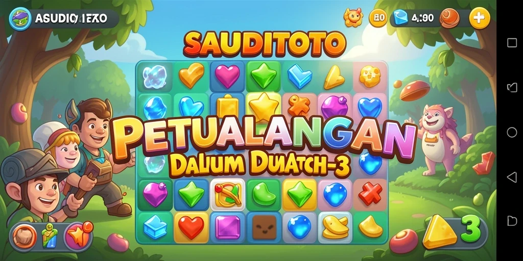 Tampilan gameplay SAUDITOTO dengan scene penuh warna dan tantangan Match-3.