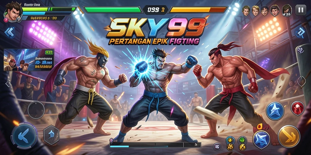 Screenshot gameplay SKY99: aksi pertarungan seru yang menampilkan karakter beragam.