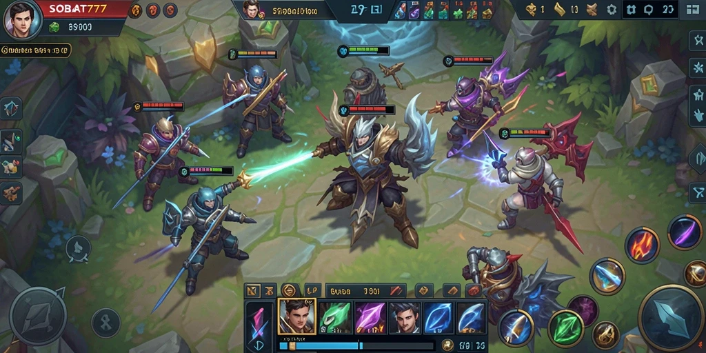 Tangkapan layar gameplay SOBAT777 menampilkan pertarungan seru antar karakter MOBA.