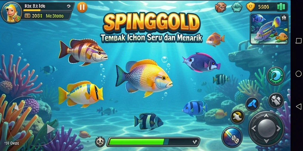 Screenshot menampilkan gameplay Tembak Ikan yang seru dan penuh warna.